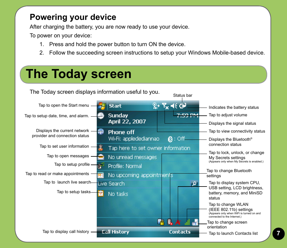 The today screen, Powering your device | Asus P735 User Manual | Page 7 / 28