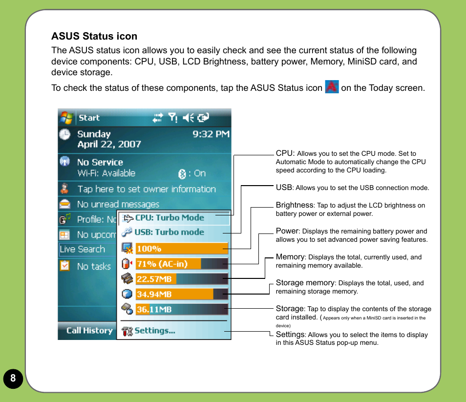 8asus status icon | Asus P735 User Manual | Page 8 / 28