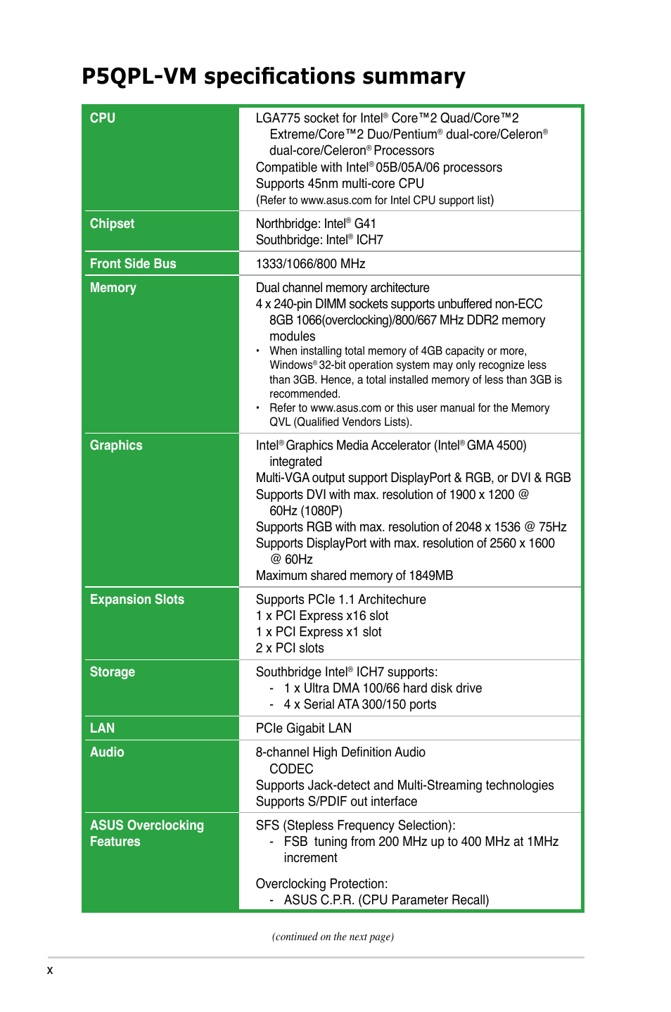 P5qpl-vm specifications summary | Asus P5QPL-VM User Manual | Page 10 / 102