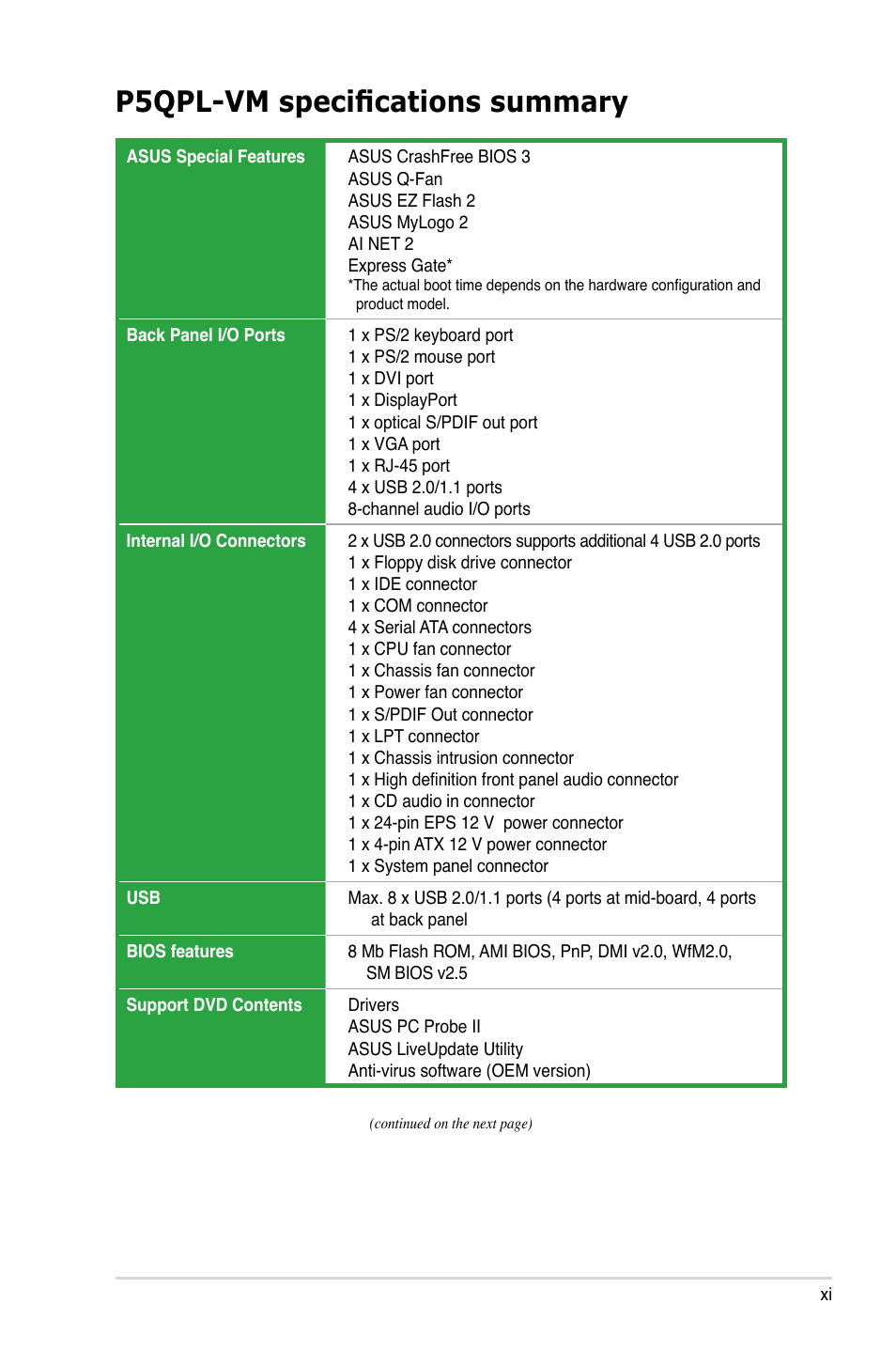 P5qpl-vm specifications summary | Asus P5QPL-VM User Manual | Page 11 / 102