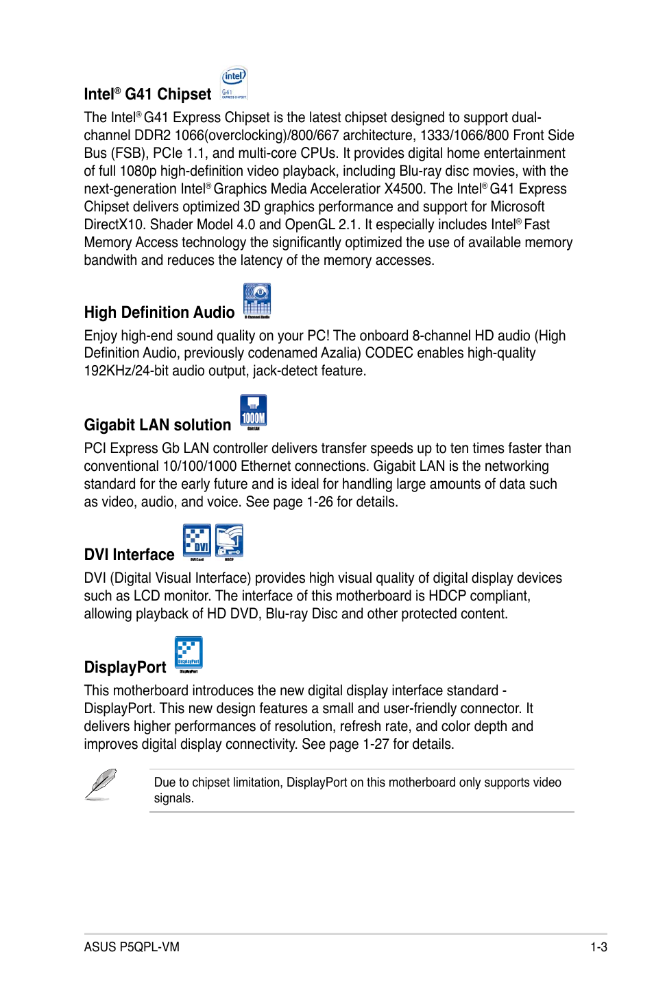 Intel, G41 chipset, High definition audio | Gigabit lan solution, Dvi interface, Displayport | Asus P5QPL-VM User Manual | Page 15 / 102