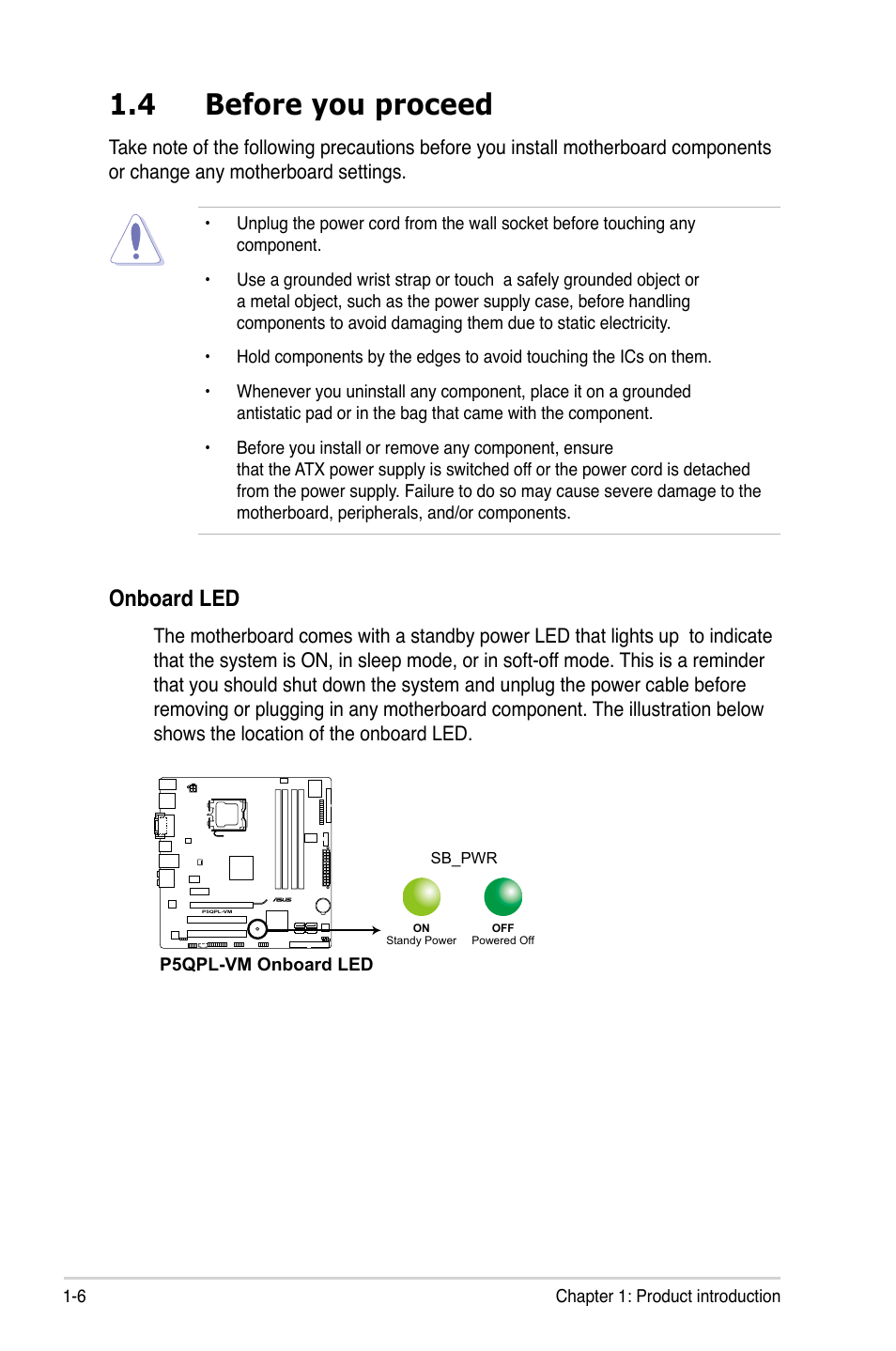 4 before you proceed, Onboard led | Asus P5QPL-VM User Manual | Page 18 / 102