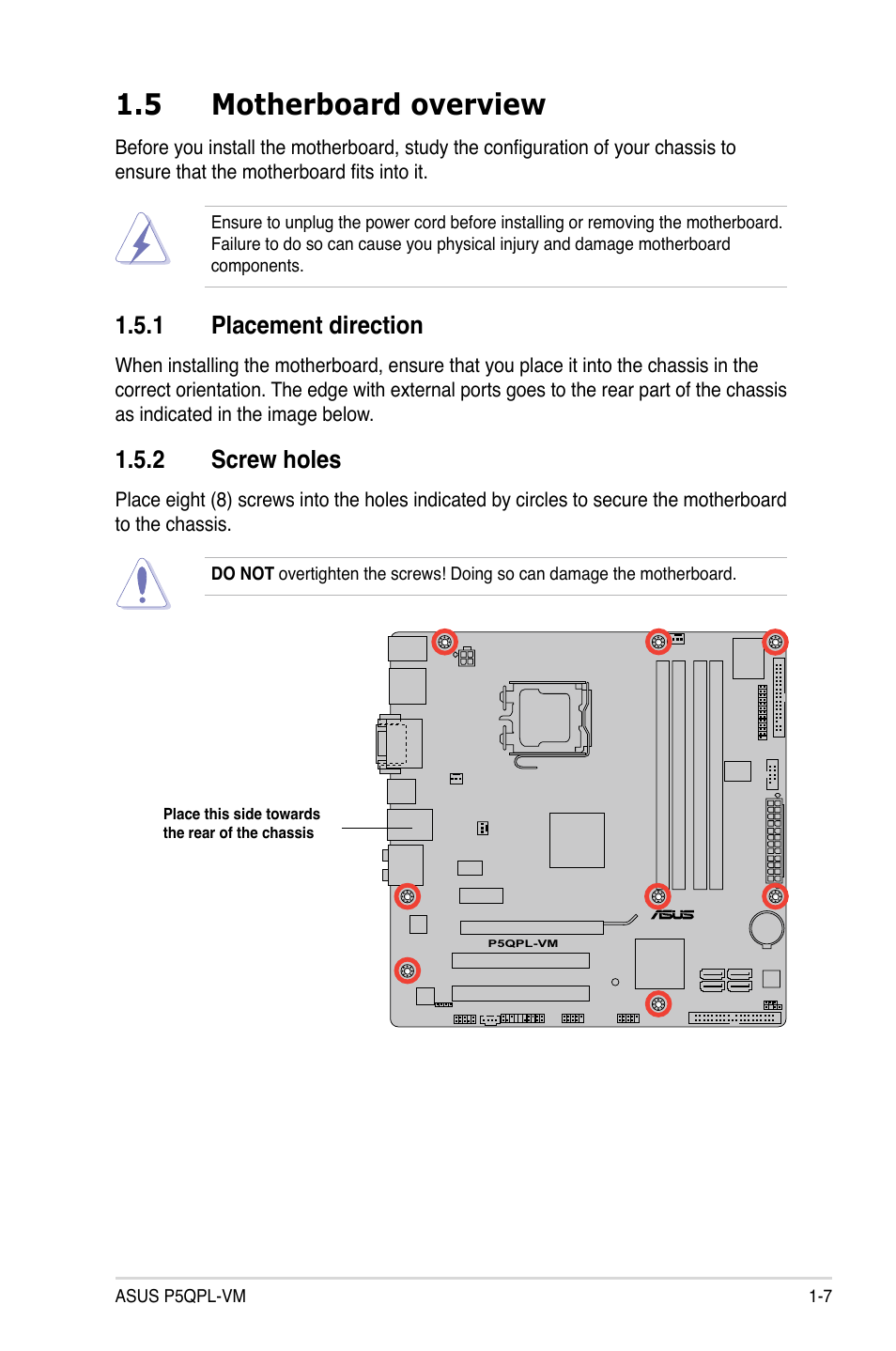 5 motherboard overview, 1 placement direction, 2 screw holes | Asus P5QPL-VM User Manual | Page 19 / 102