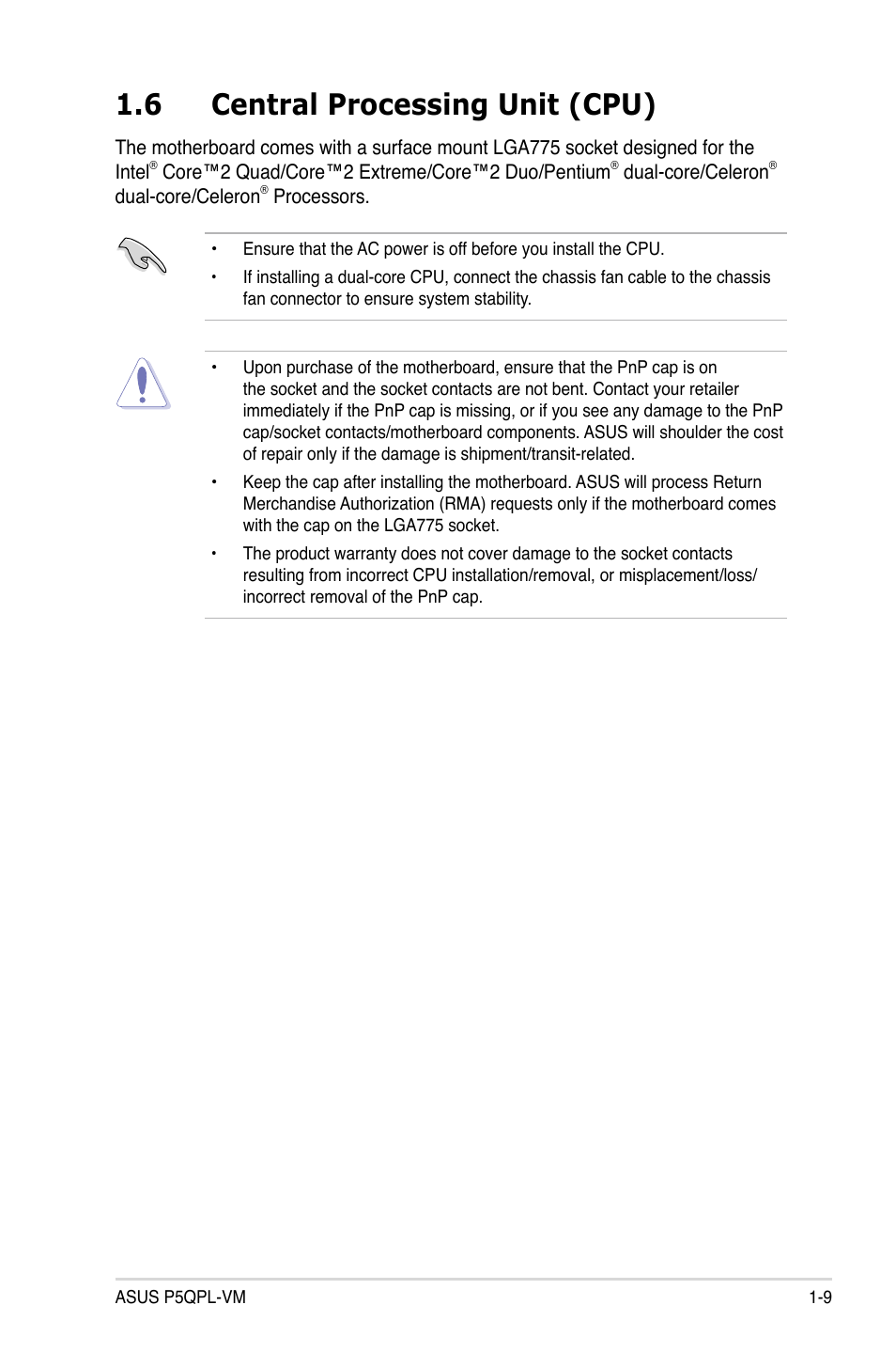 6 central processing unit (cpu) | Asus P5QPL-VM User Manual | Page 21 / 102