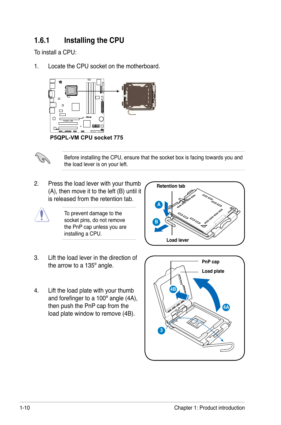 1 installing the cpu | Asus P5QPL-VM User Manual | Page 22 / 102