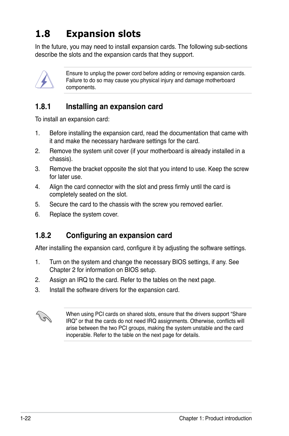 8 expansion slots, 1 installing an expansion card, 2 configuring an expansion card | Expansion slots -22 1.8.1, Installing an expansion card -22, Configuring an expansion card -22 | Asus P5QPL-VM User Manual | Page 34 / 102