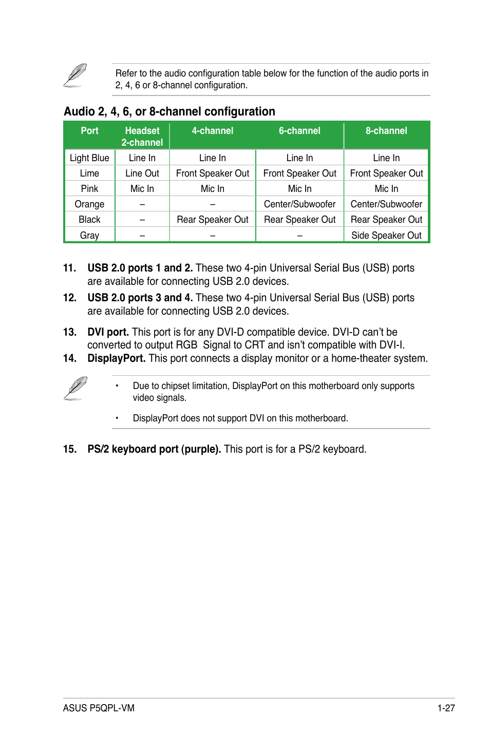 Audio 2, 4, 6, or 8-channel configuration | Asus P5QPL-VM User Manual | Page 39 / 102