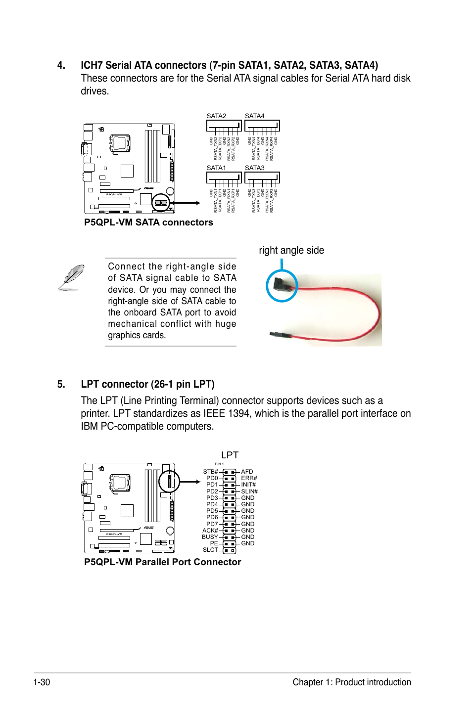 30 chapter 1: product introduction, P5qpl-vm sata connectors, P5qpl-vm parallel port connector | Asus P5QPL-VM User Manual | Page 42 / 102