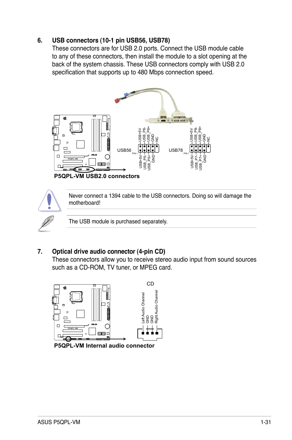 Asus p5qpl-vm 1-31, P5qpl-vm usb2.0 connectors, P5qpl-vm internal audio connector | Asus P5QPL-VM User Manual | Page 43 / 102