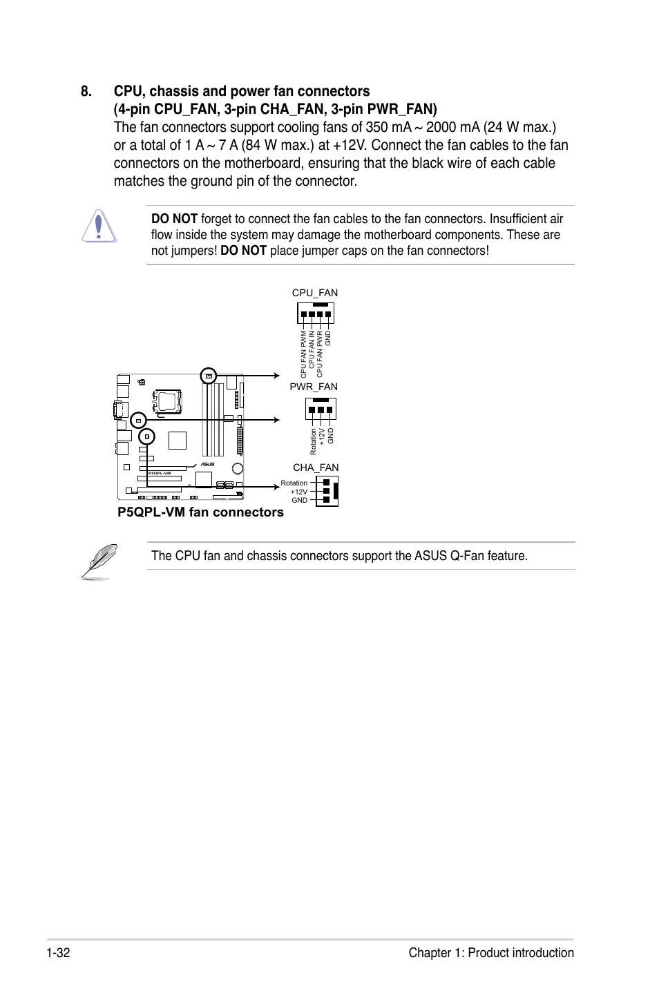 32 chapter 1: product introduction, P5qpl-vm fan connectors | Asus P5QPL-VM User Manual | Page 44 / 102