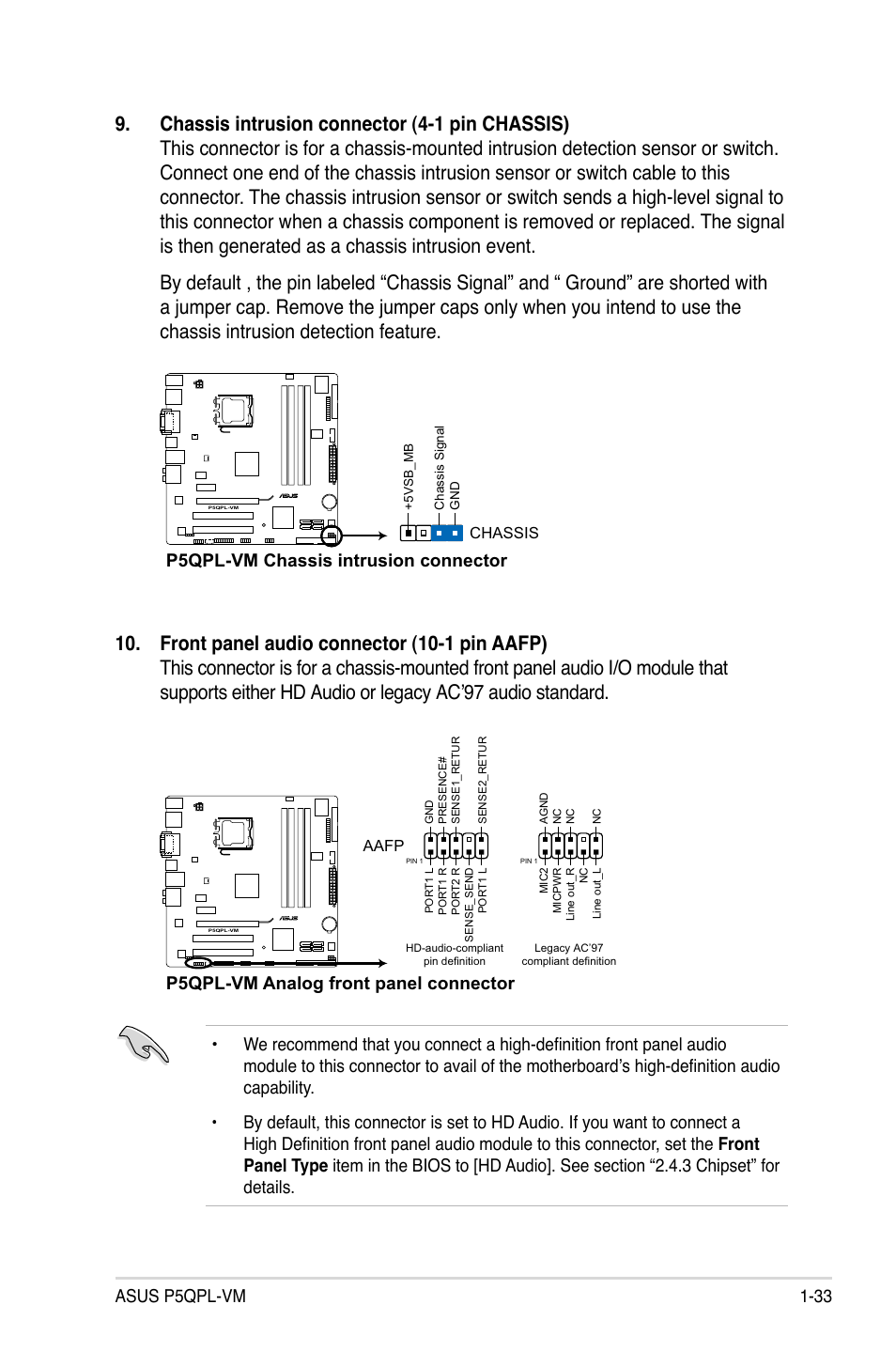 Asus p5qpl-vm 1-33, P5qpl-vm chassis intrusion connector, P5qpl-vm analog front panel connector | Asus P5QPL-VM User Manual | Page 45 / 102