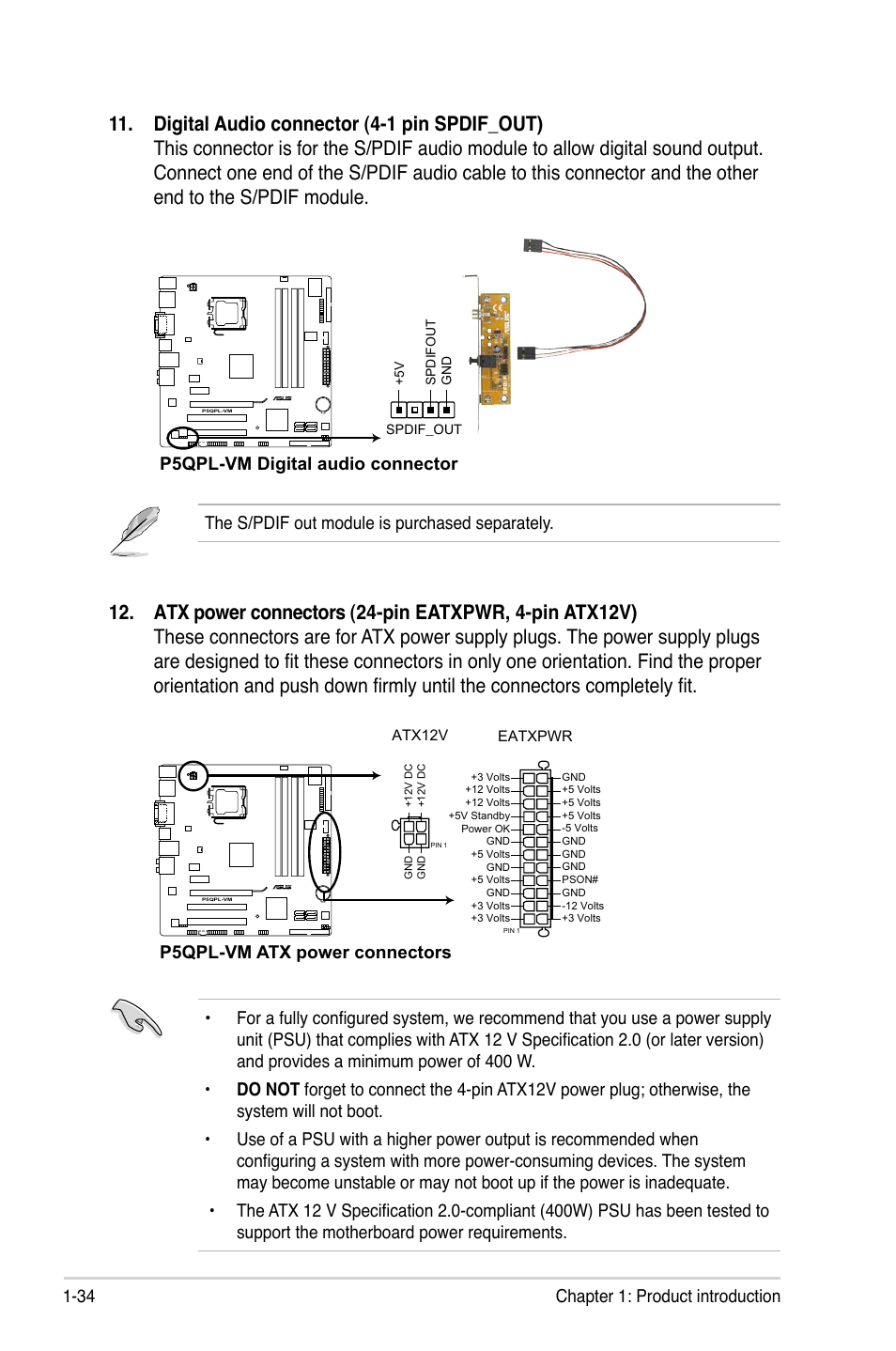 P5qpl-vm atx power connectors, The s/pdif out module is purchased separately, P5qpl-vm digital audio connector | Asus P5QPL-VM User Manual | Page 46 / 102