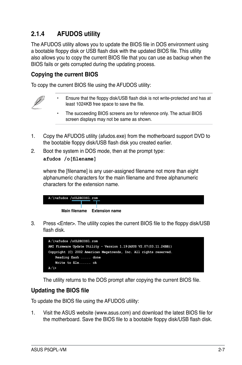 4 afudos utility, Copying the current bios, Updating the bios file | Asus P5QPL-VM User Manual | Page 55 / 102