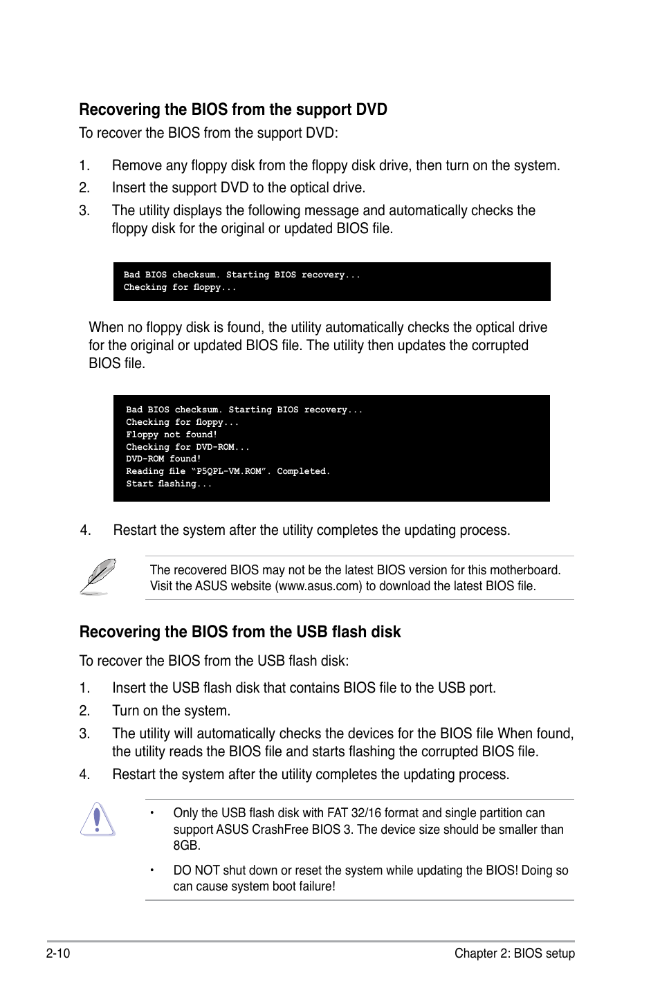 Recovering the bios from the support dvd, Recovering the bios from the usb flash disk | Asus P5QPL-VM User Manual | Page 58 / 102