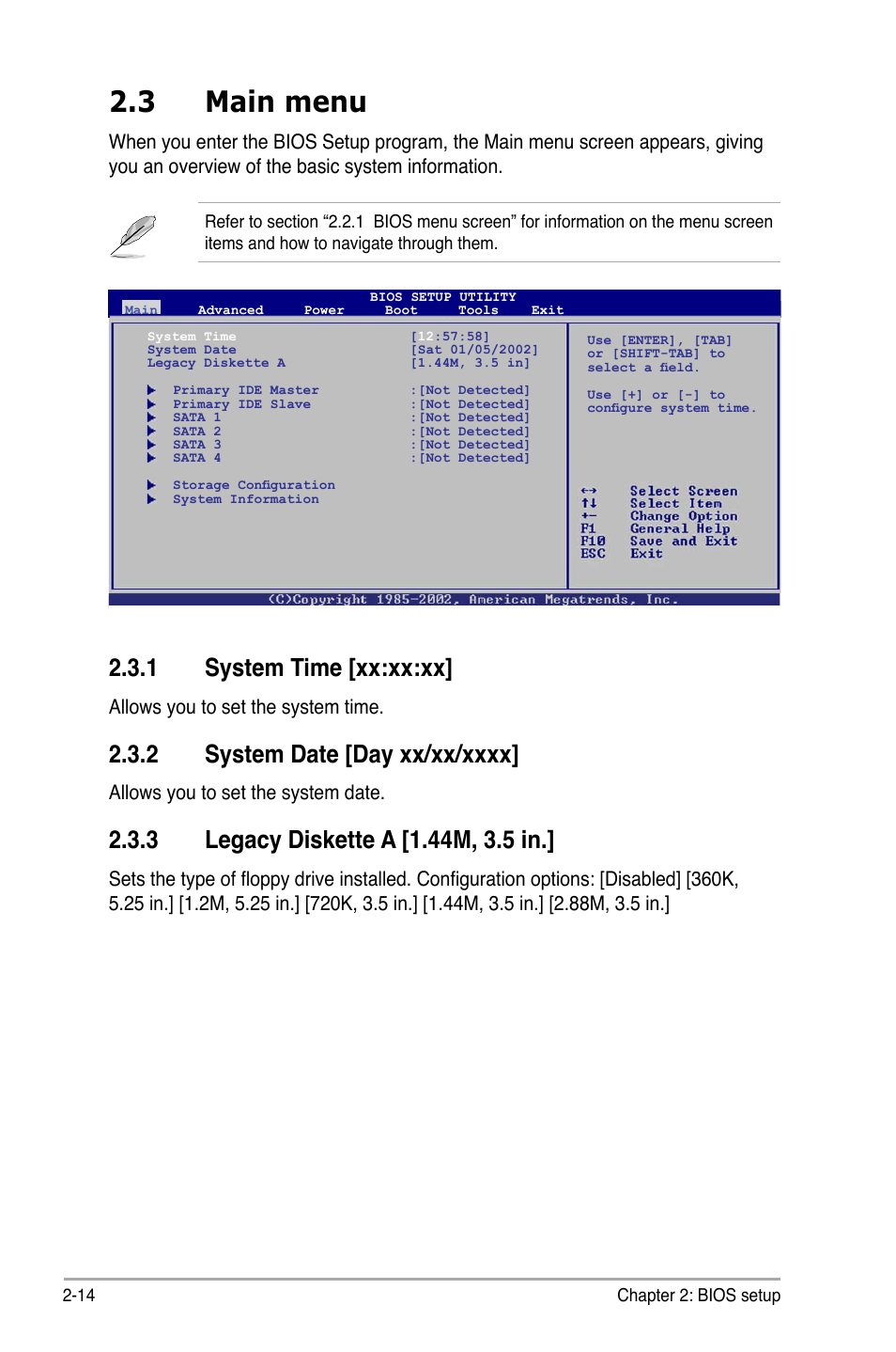 3 main menu, 1 system time [xx:xx:xx, 2 system date [day xx/xx/xxxx | 3 legacy diskette a [1.44m, 3.5 in, Allows you to set the system time, Allows you to set the system date | Asus P5QPL-VM User Manual | Page 62 / 102