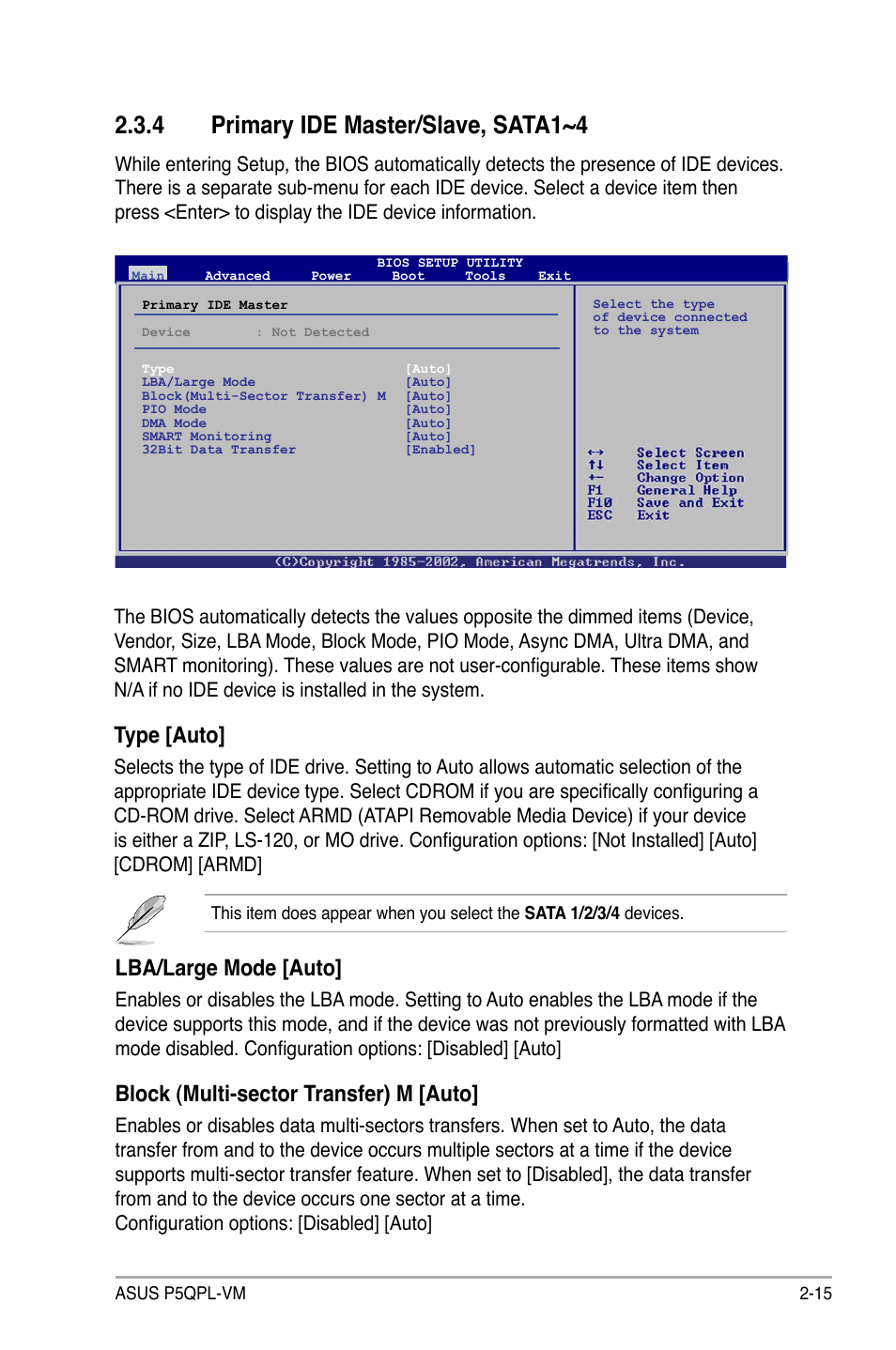 4 primary ide master/slave, sata1~4, Type [auto, Lba/large mode [auto | Block (multi-sector transfer) m [auto | Asus P5QPL-VM User Manual | Page 63 / 102