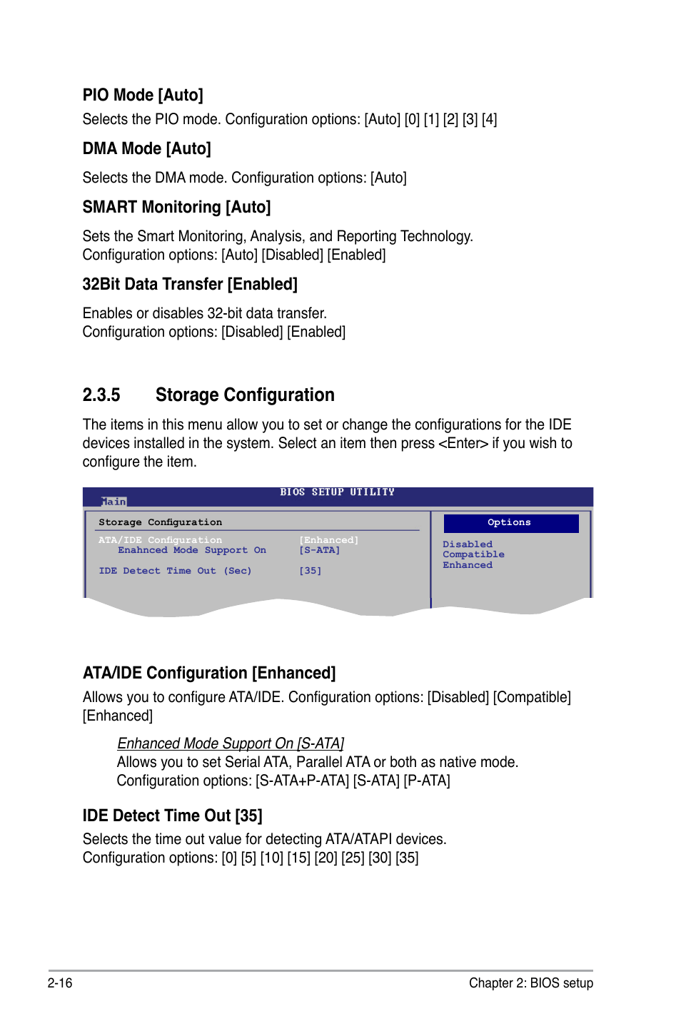 5 storage configuration, Pio mode [auto, Dma mode [auto | Smart monitoring [auto, 32bit data transfer [enabled, Ata/ide configuration [enhanced, Ide detect time out [35 | Asus P5QPL-VM User Manual | Page 64 / 102