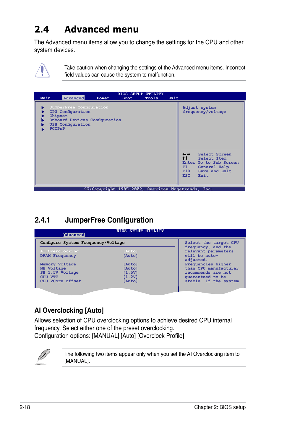 4 advanced menu, 1 jumperfree configuration, Ai overclocking [auto | Asus P5QPL-VM User Manual | Page 66 / 102