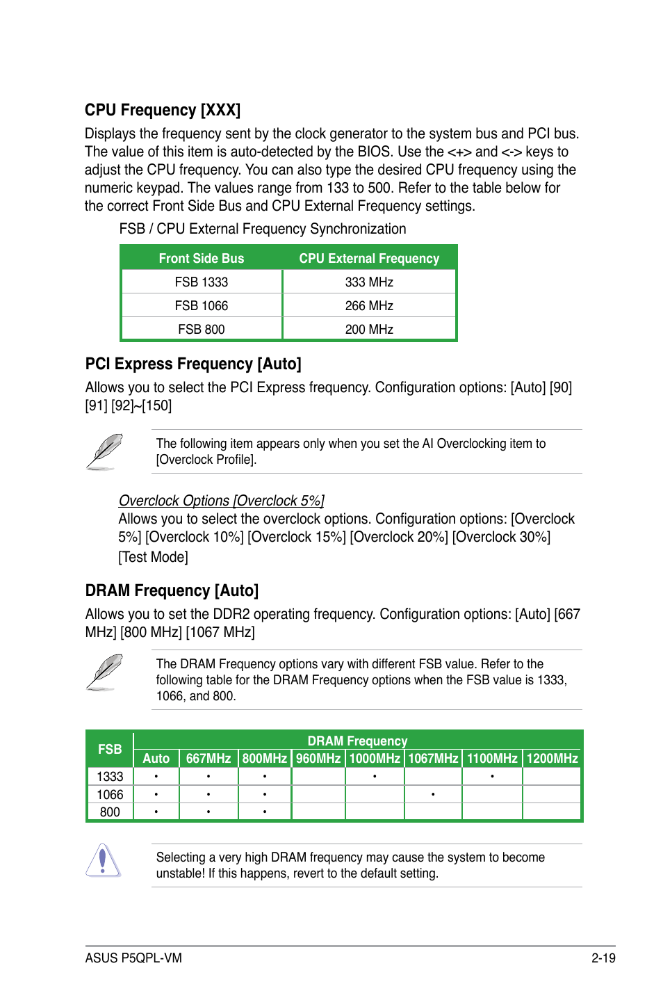 Cpu frequency [xxx, Dram frequency [auto, Pci express frequency [auto | Asus P5QPL-VM User Manual | Page 67 / 102