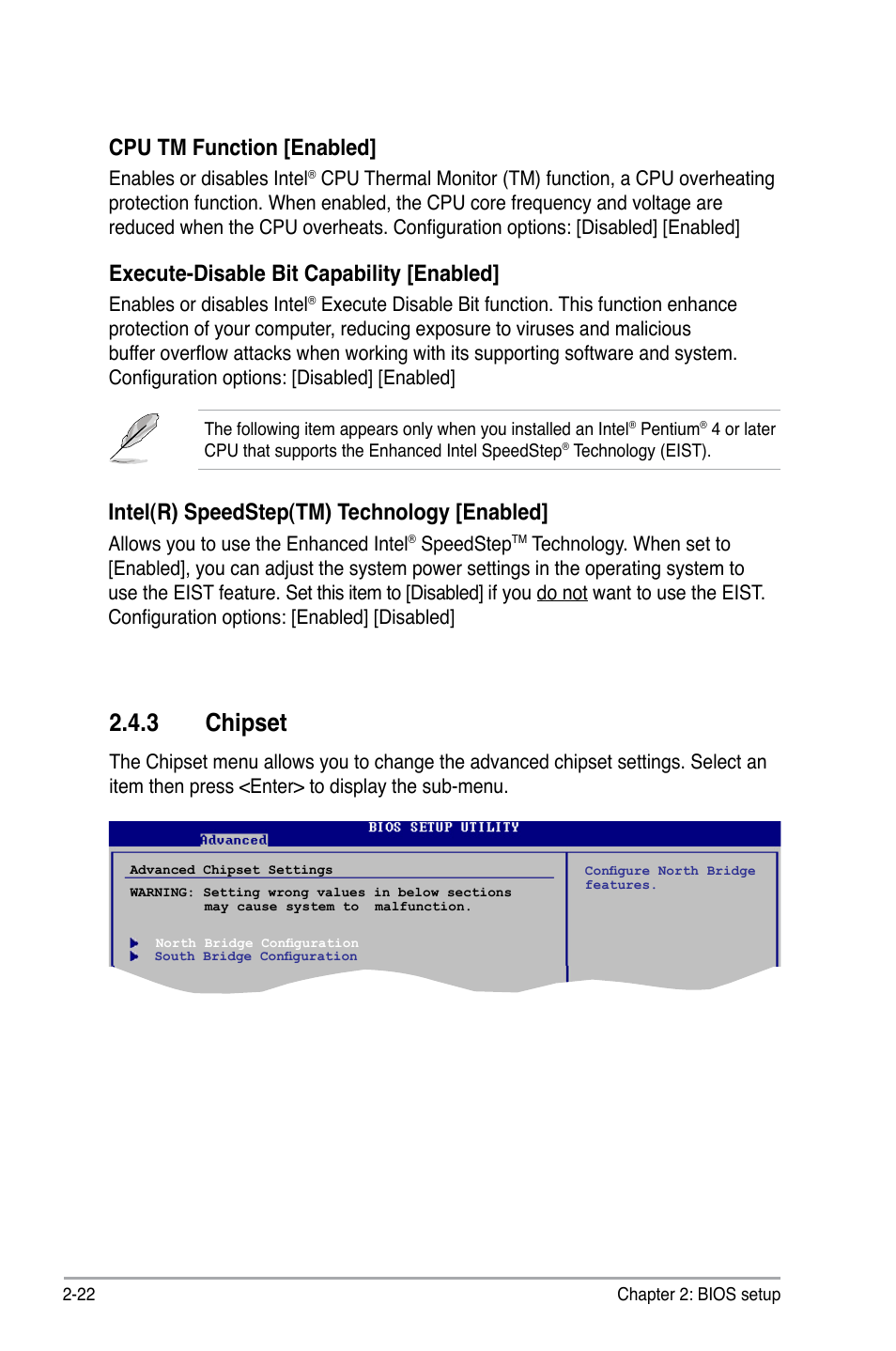 3 chipset, Intel(r) speedstep(tm) technology [enabled, Cpu tm function [enabled | Execute-disable bit capability [enabled | Asus P5QPL-VM User Manual | Page 70 / 102