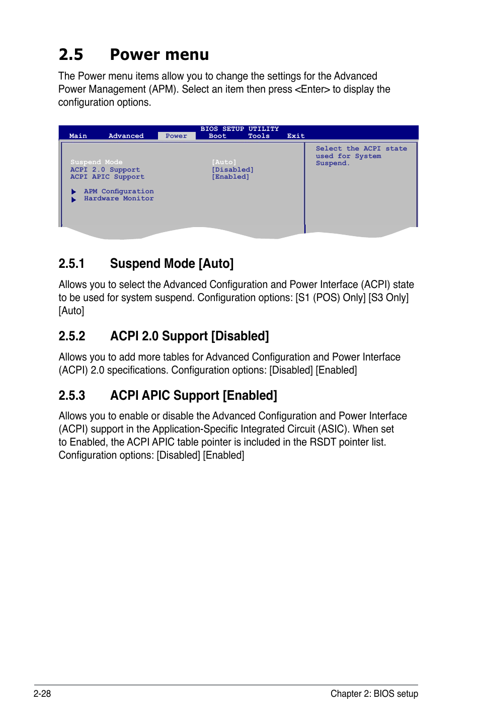 5 power menu, 1 suspend mode [auto, 2 acpi 2.0 support [disabled | 3 acpi apic support [enabled | Asus P5QPL-VM User Manual | Page 76 / 102