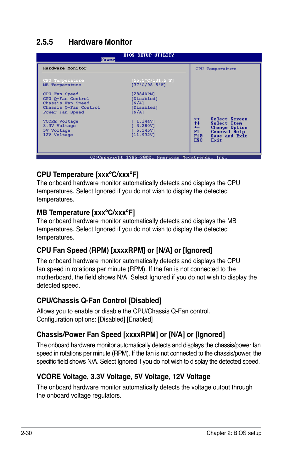 5 hardware monitor, Cpu temperature [xxxºc/xxxºf, Mb temperature [xxxºc/xxxºf | Cpu/chassis q-fan control [disabled | Asus P5QPL-VM User Manual | Page 78 / 102