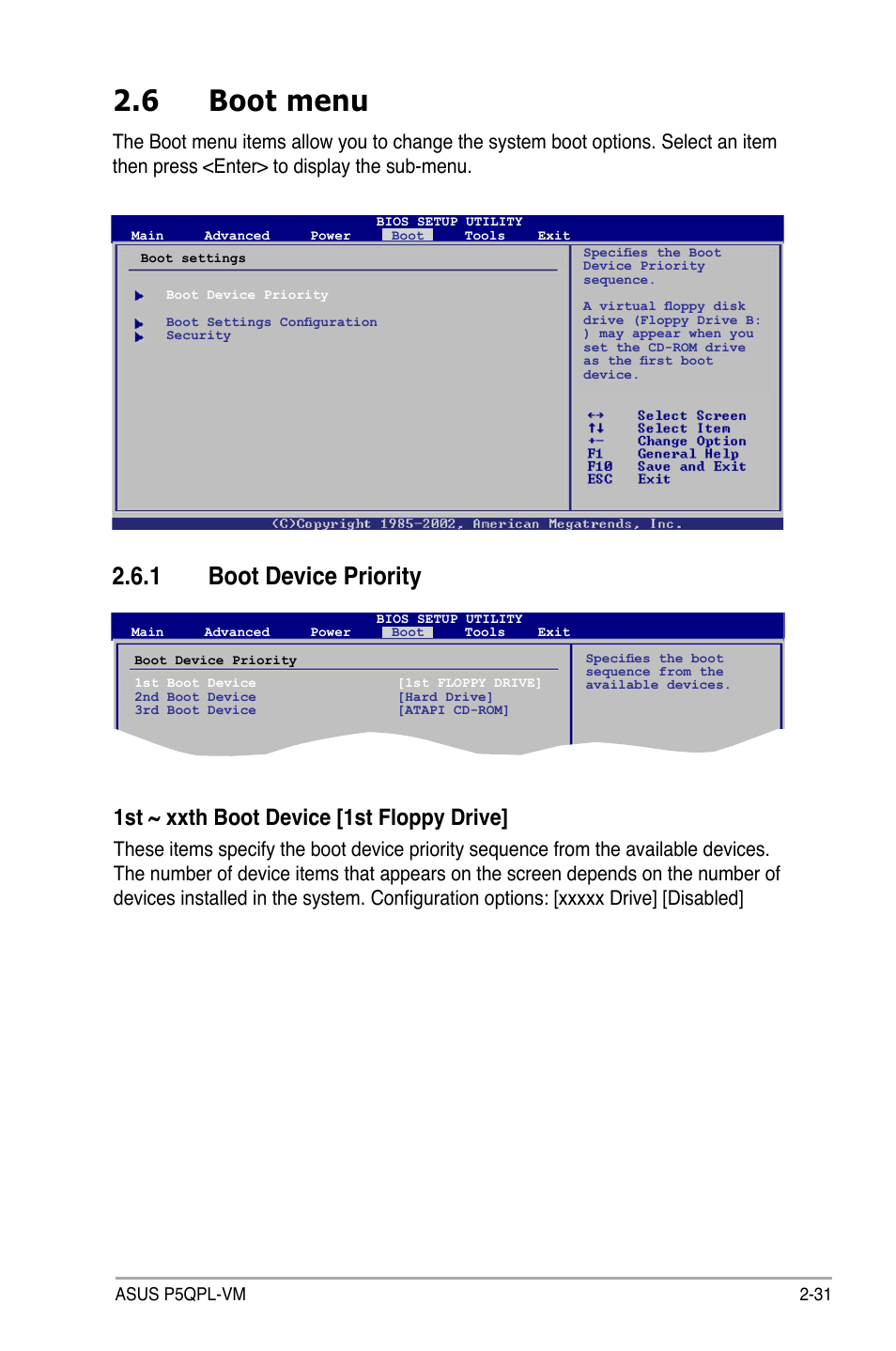 6 boot menu, 1 boot device priority, 1st ~ xxth boot device [1st floppy drive | Asus P5QPL-VM User Manual | Page 79 / 102