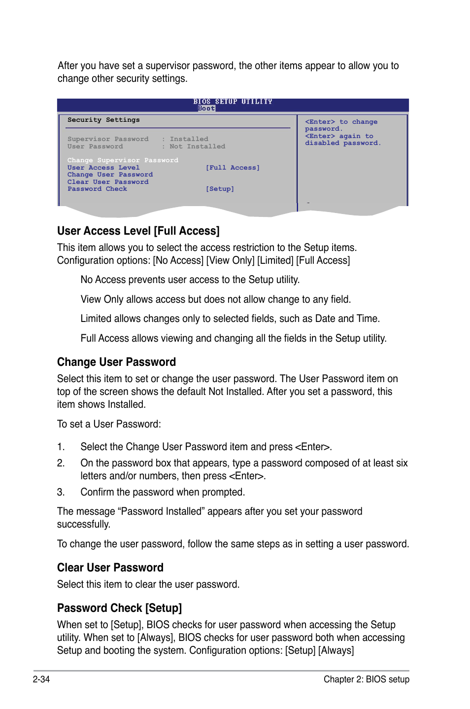 User access level [full access, Change user password, Clear user password | Password check [setup | Asus P5QPL-VM User Manual | Page 82 / 102