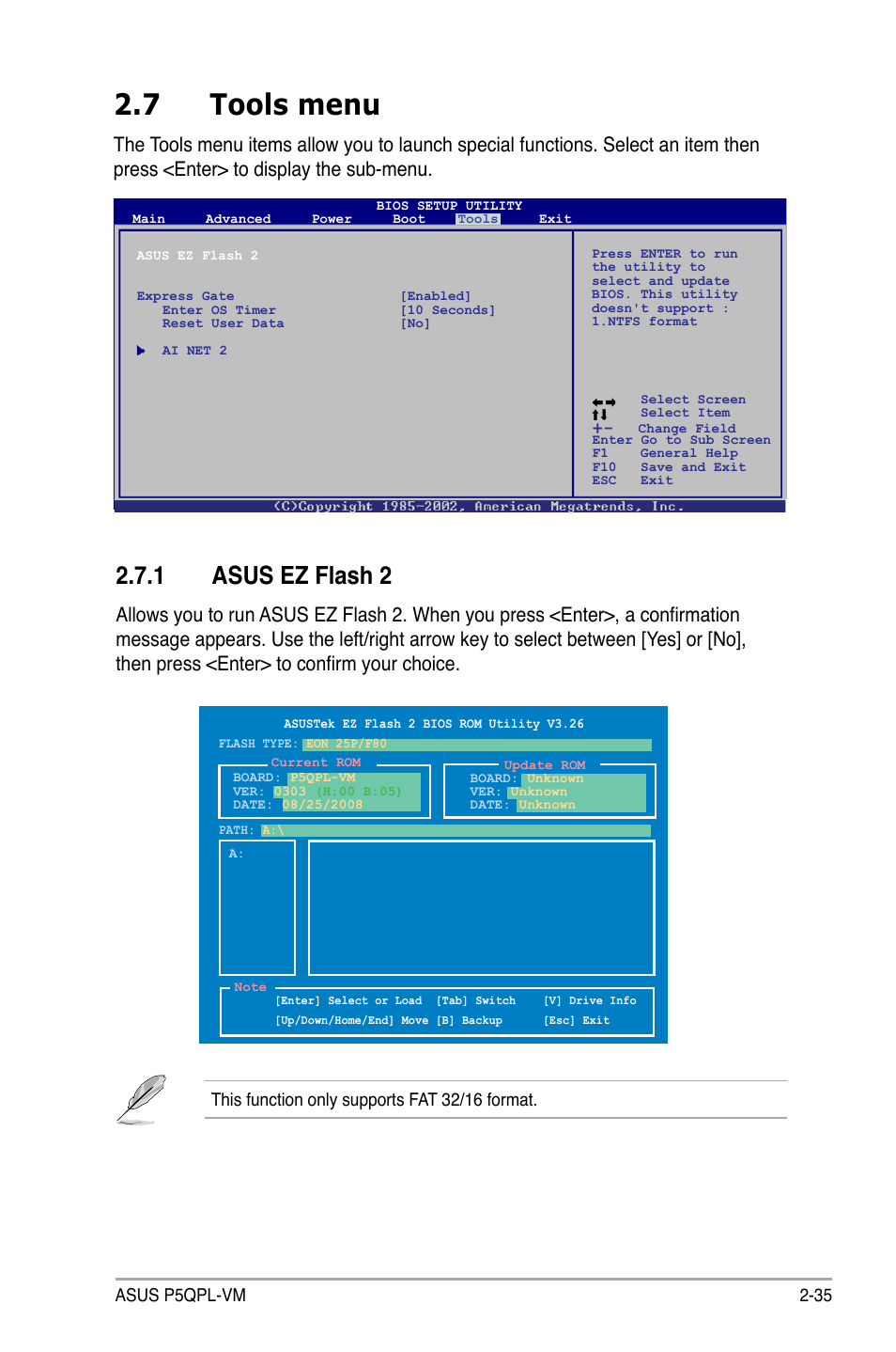 7 tools menu, 1 asus ez flash 2, Asus p5qpl-vm 2-35 | This function only supports fat 32/16 format | Asus P5QPL-VM User Manual | Page 83 / 102