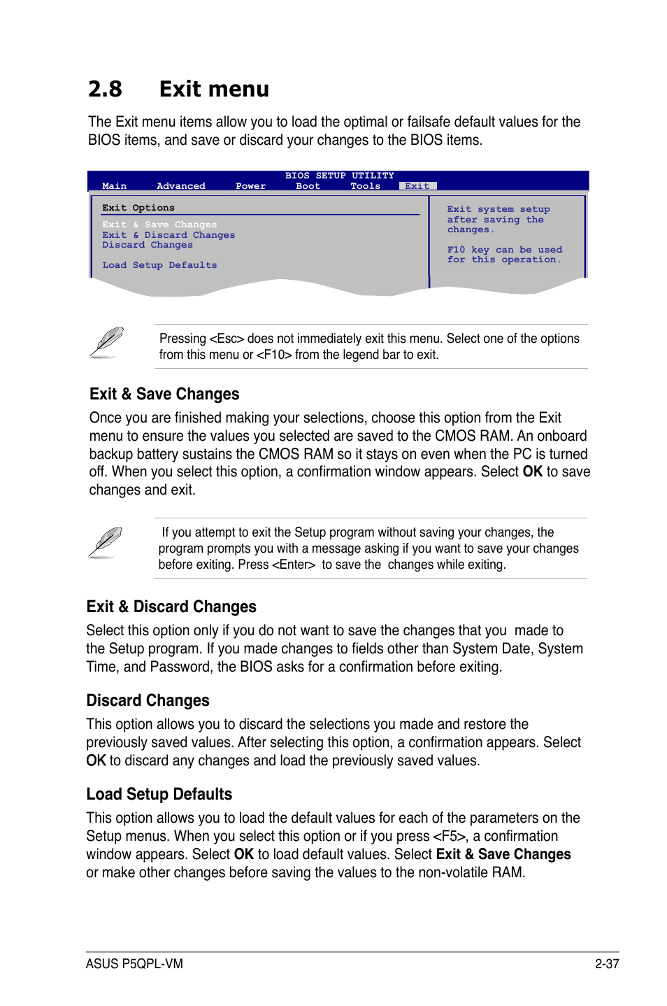 8 exit menu, Exit & discard changes, Discard changes | Load setup defaults, Exit & save changes | Asus P5QPL-VM User Manual | Page 85 / 102