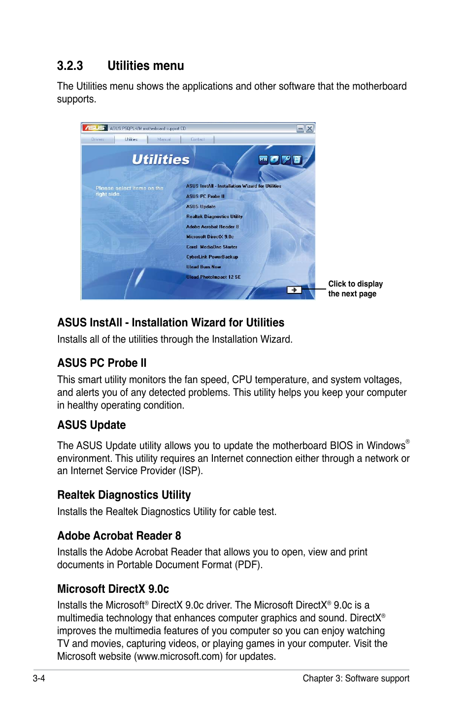 3 utilities menu, Asus install - installation wizard for utilities, Asus pc probe ii | Asus update, Realtek diagnostics utility, Adobe acrobat reader 8, Microsoft directx 9.0c | Asus P5QPL-VM User Manual | Page 90 / 102