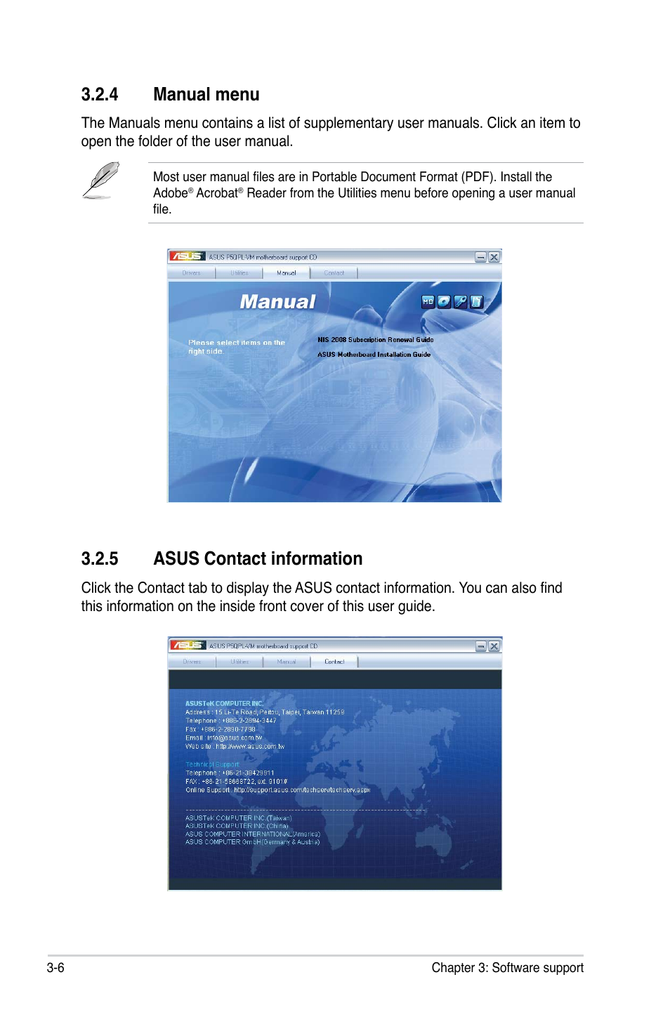 4 manual menu, 5 asus contact information | Asus P5QPL-VM User Manual | Page 92 / 102