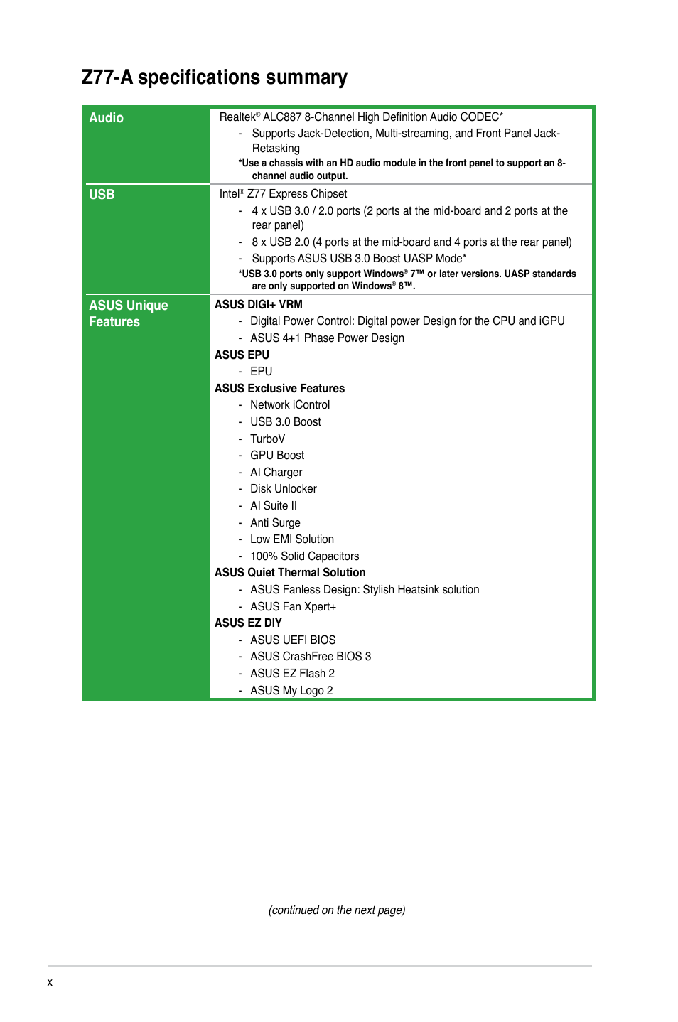 Z77-a specifications summary | Asus Z77-A User Manual | Page 10 / 92