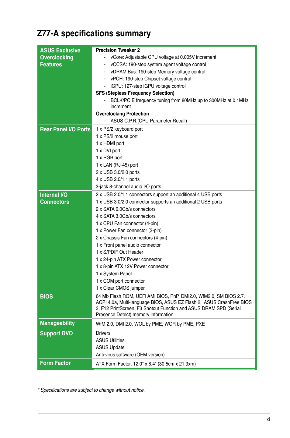 Z77-a specifications summary | Asus Z77-A User Manual | Page 11 / 92