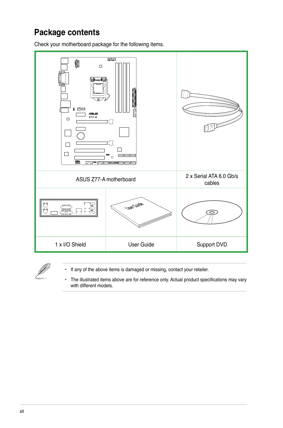 Package contents, User guide | Asus Z77-A User Manual | Page 12 / 92