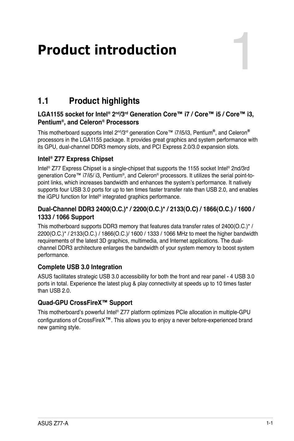 Product introduction, 1 product highlights, Product highlights -1 | Asus Z77-A User Manual | Page 13 / 92