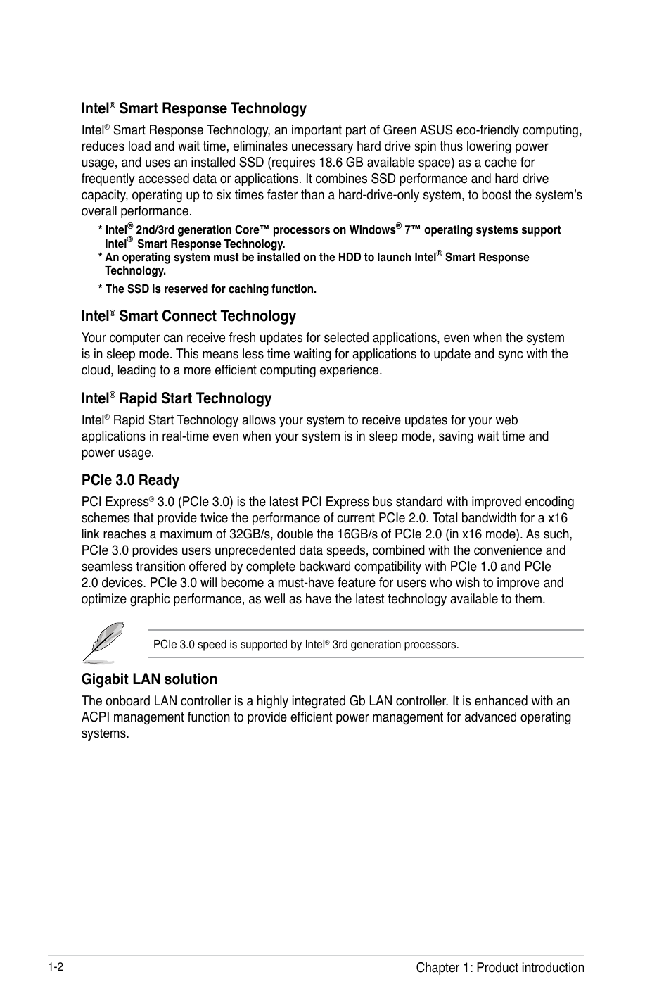 Intel, Smart response technology, Smart connect technology | Rapid start technology, Pcie 3.0 ready, Gigabit lan solution | Asus Z77-A User Manual | Page 14 / 92