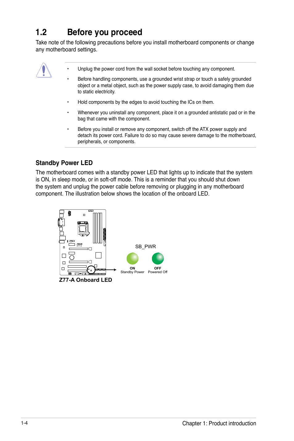 2 before you proceed, Before you proceed -4, Standby power led | Asus Z77-A User Manual | Page 16 / 92