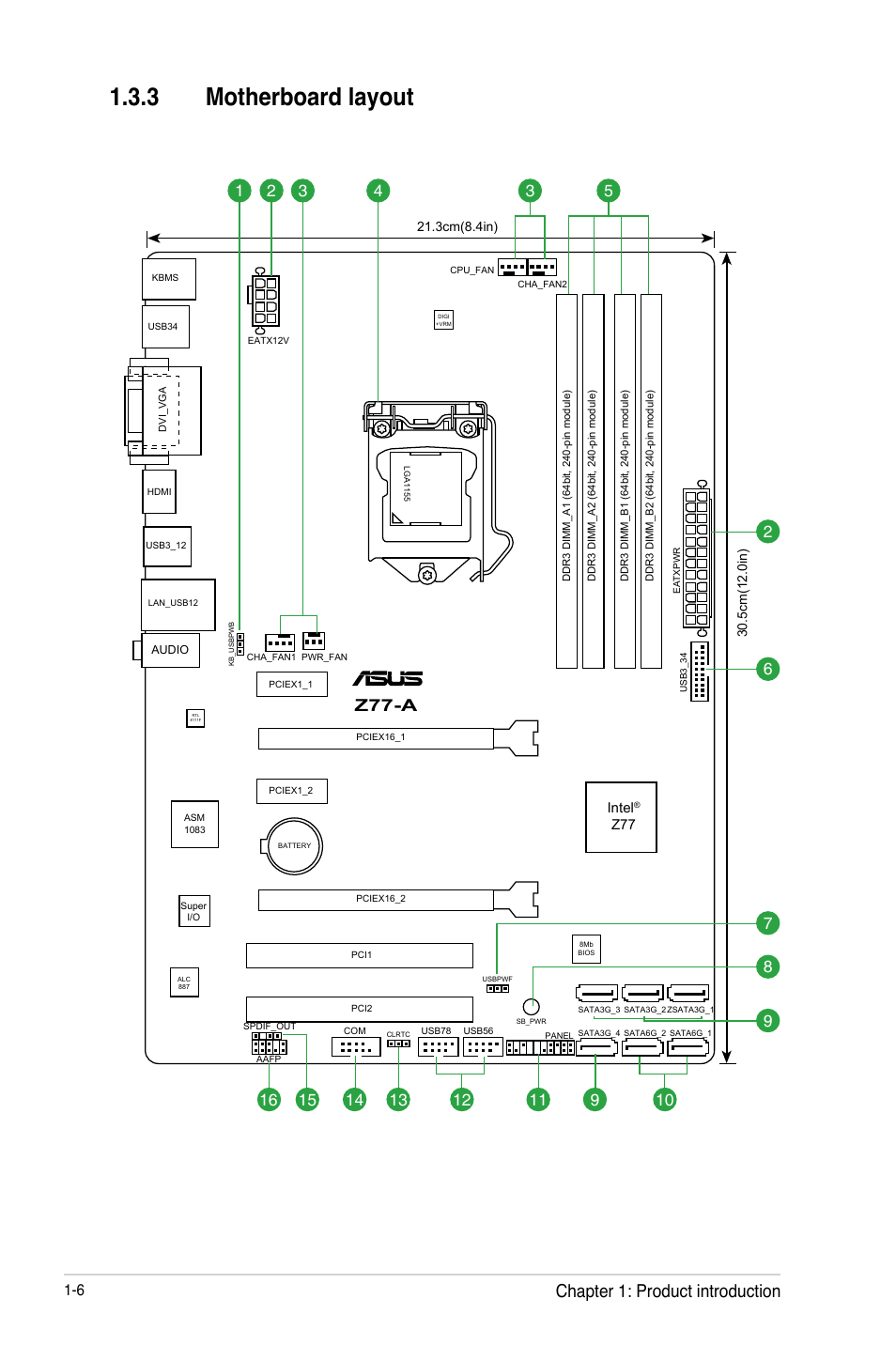 3 motherboard layout, Motherboard layout -6, Chapter 1: product introduction | Z77-a | Asus Z77-A User Manual | Page 18 / 92