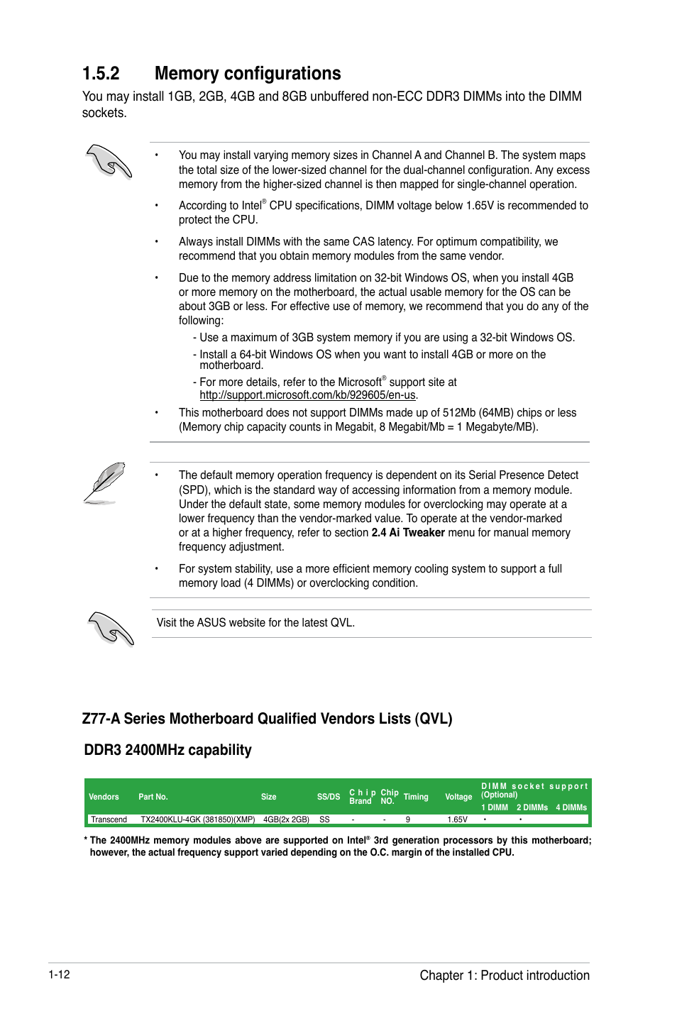 2 memory configurations, Memory configurations -12, Chapter 1: product introduction | Asus Z77-A User Manual | Page 24 / 92