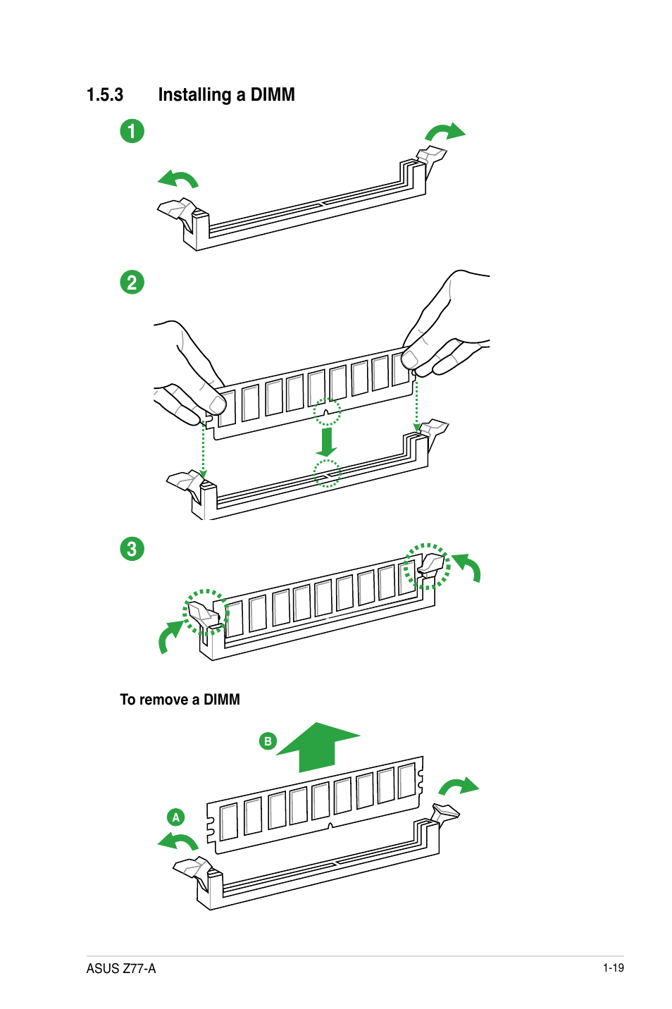 3 installing a dimm, Installing a dimm -19 | Asus Z77-A User Manual | Page 31 / 92