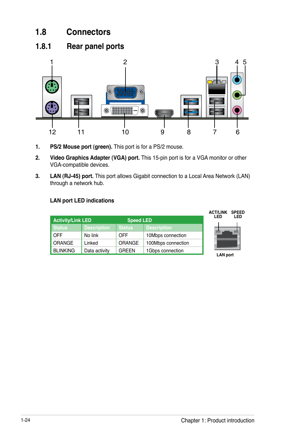 8 connectors, 1 rear panel ports, Connectors -24 1.8.1 | Rear panel ports -24 | Asus Z77-A User Manual | Page 36 / 92