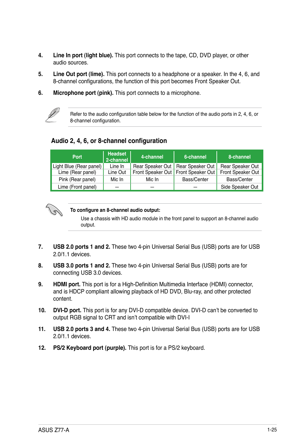 Audio 2, 4, 6, or 8-channel configuration | Asus Z77-A User Manual | Page 37 / 92