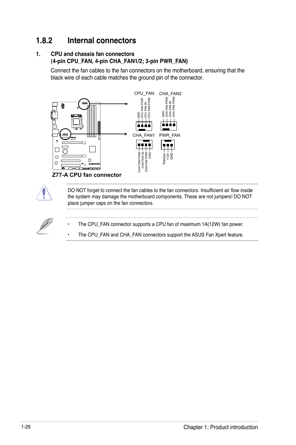 2 internal connectors, Internal connectors -26, Chapter 1: product introduction | Z77-a cpu fan connector | Asus Z77-A User Manual | Page 38 / 92