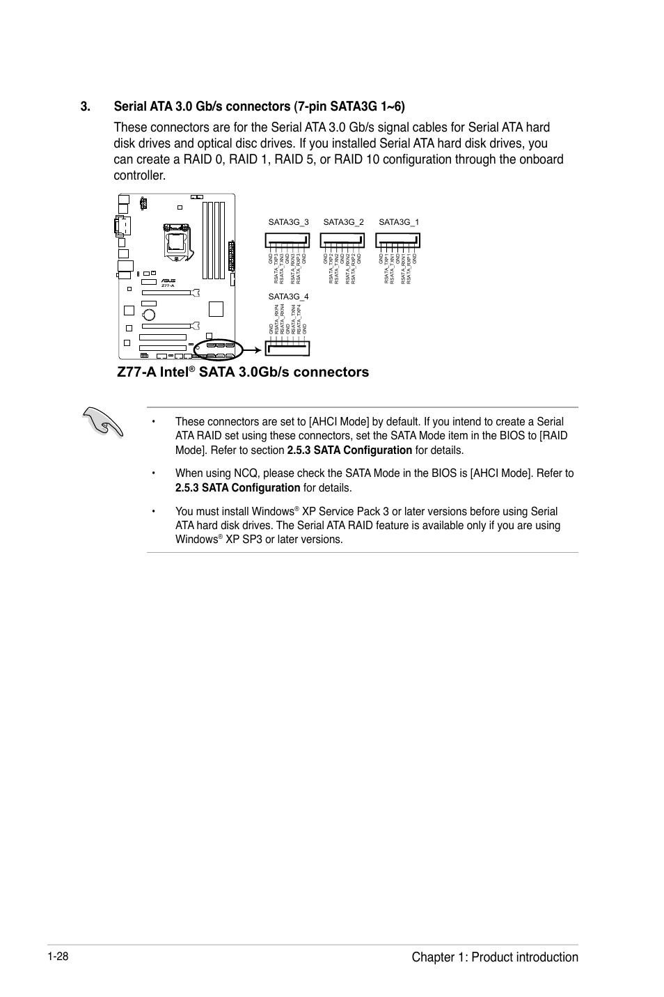 Z77-a intel, Sata 3.0gb/s connectors, Chapter 1: product introduction | Xp sp3 or later versions, Sata3g_4, Sata3g_3, Sata3g_2, Sata3g_1 | Asus Z77-A User Manual | Page 40 / 92