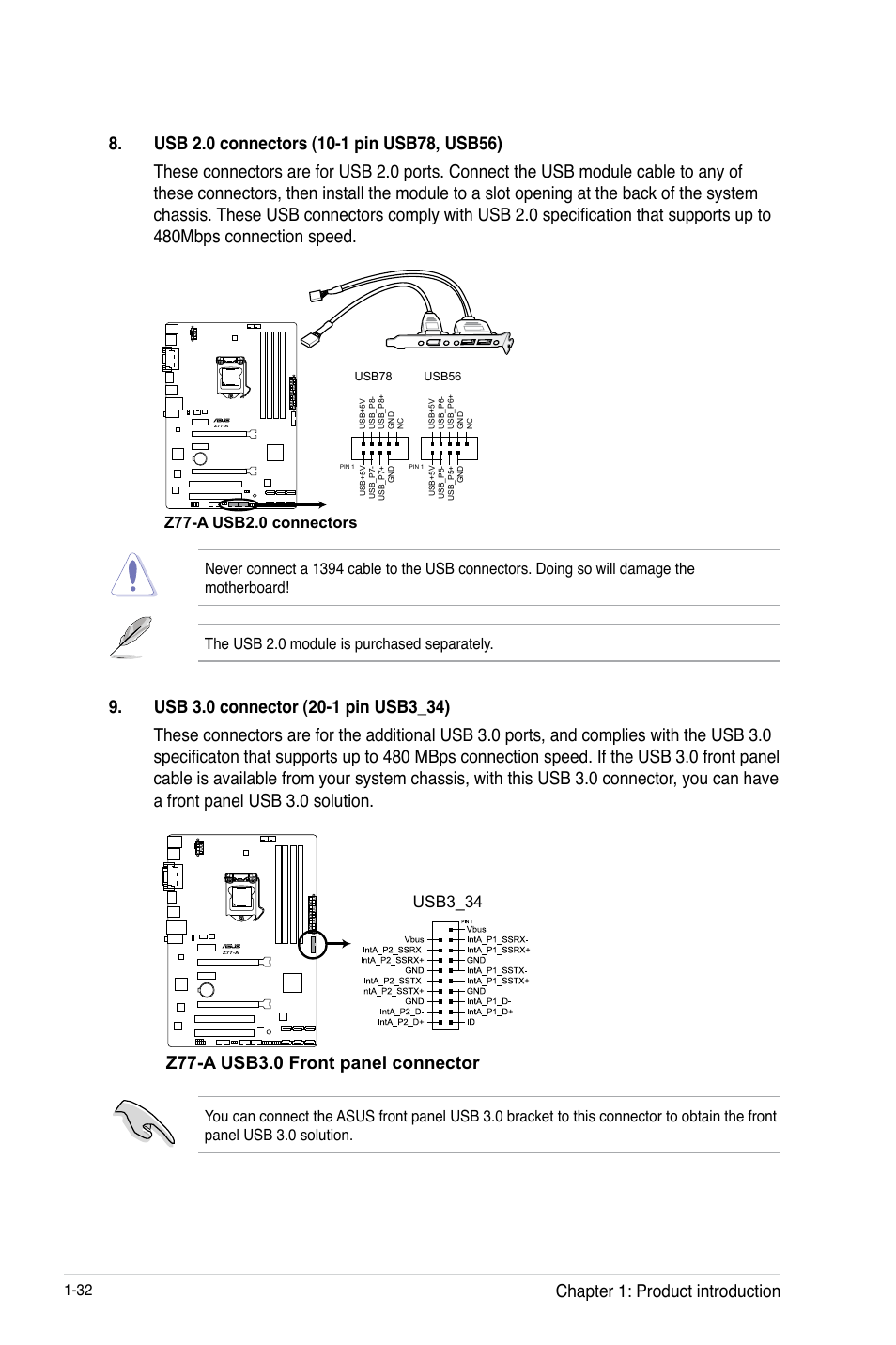 Z77-a usb3.0 front panel connector, Chapter 1: product introduction | Asus Z77-A User Manual | Page 44 / 92