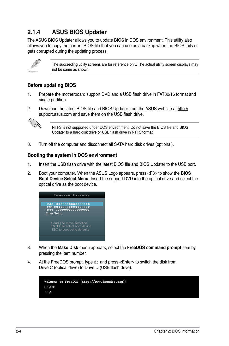 4 asus bios updater, Asus bios updater -4, Before updating bios | Booting the system in dos environment | Asus Z77-A User Manual | Page 50 / 92