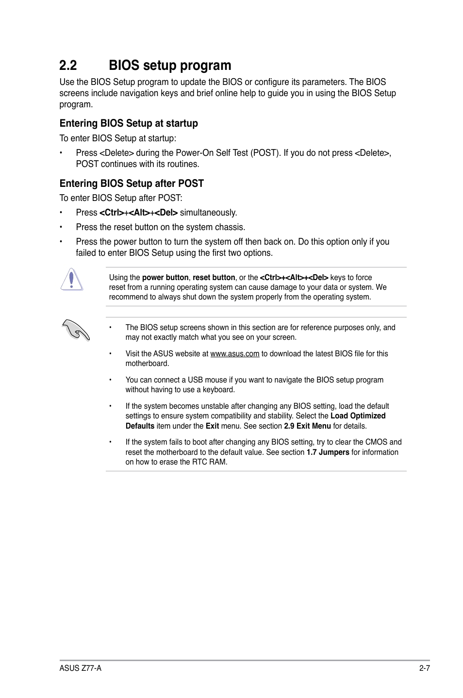 2 bios setup program, Bios setup program -7 | Asus Z77-A User Manual | Page 53 / 92