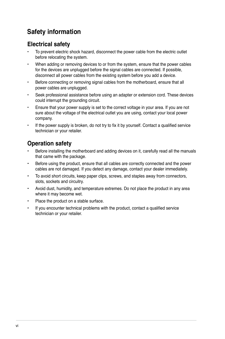 Safety information, Electrical safety, Operation safety | Asus Z77-A User Manual | Page 6 / 92