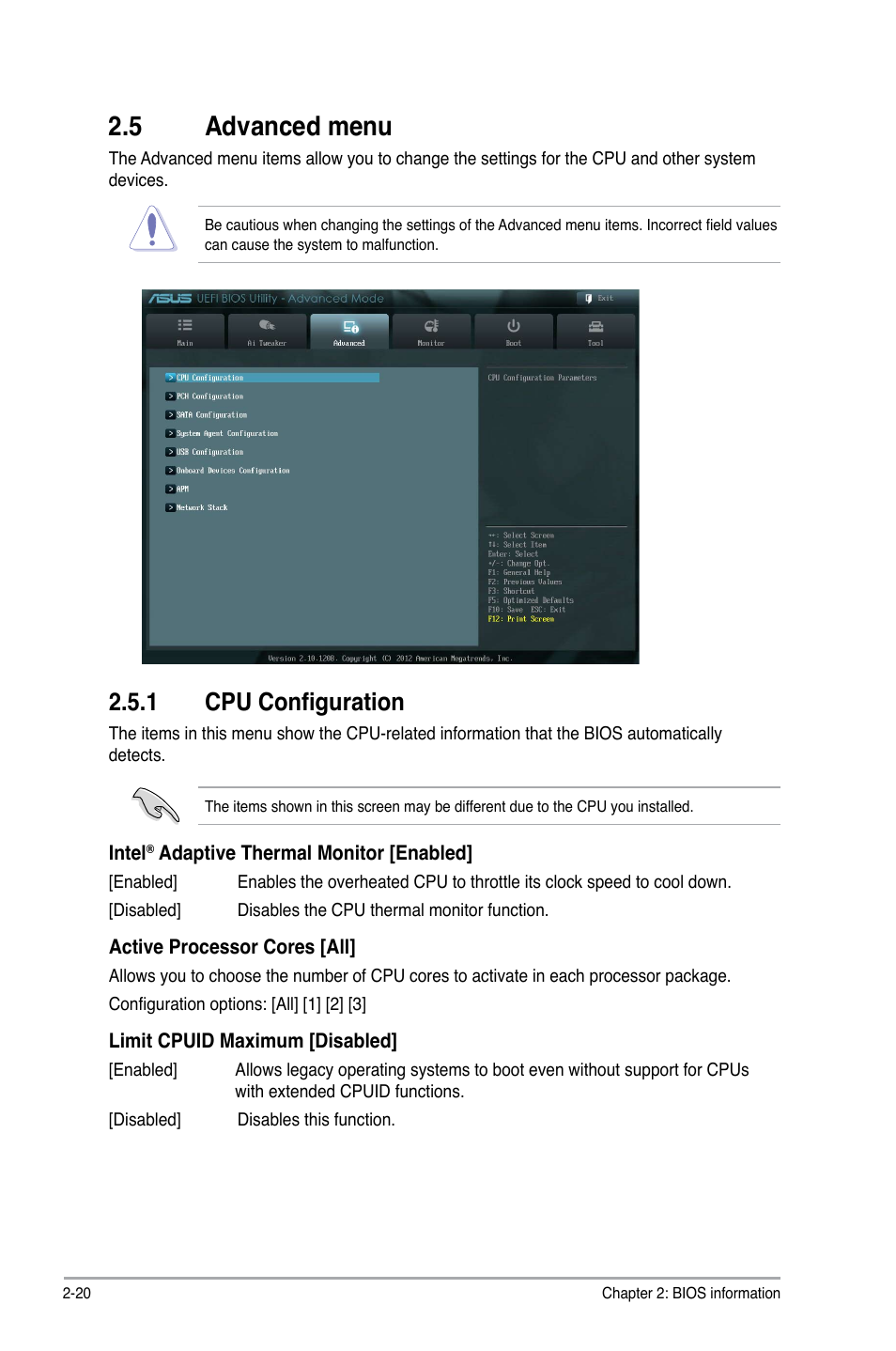 5 advanced menu, 1 cpu configuration, Advanced menu -20 2.5.1 | Cpu configuration -20 | Asus Z77-A User Manual | Page 66 / 92